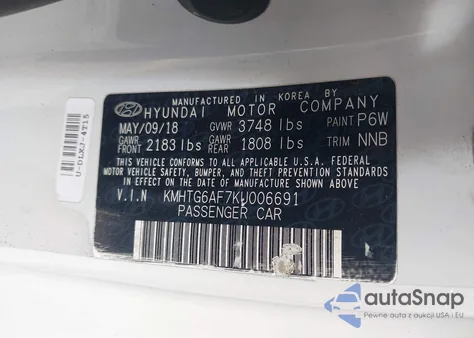 2019 Hyundai Veloster 2.0 z USA, uszkodzony, nr VIN KMHTG6AF7KU006691